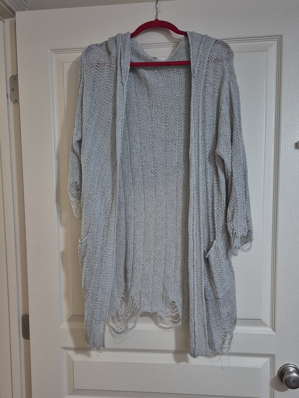 POL Light Gray/Green Open-Knit Hooded Cardigan with Distressed Hem